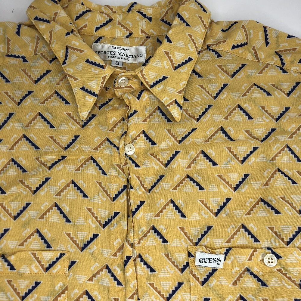 VTG Guess Georges Marciano Men's 3 Yellow Abstract Made in USA Button Up Shirt‎